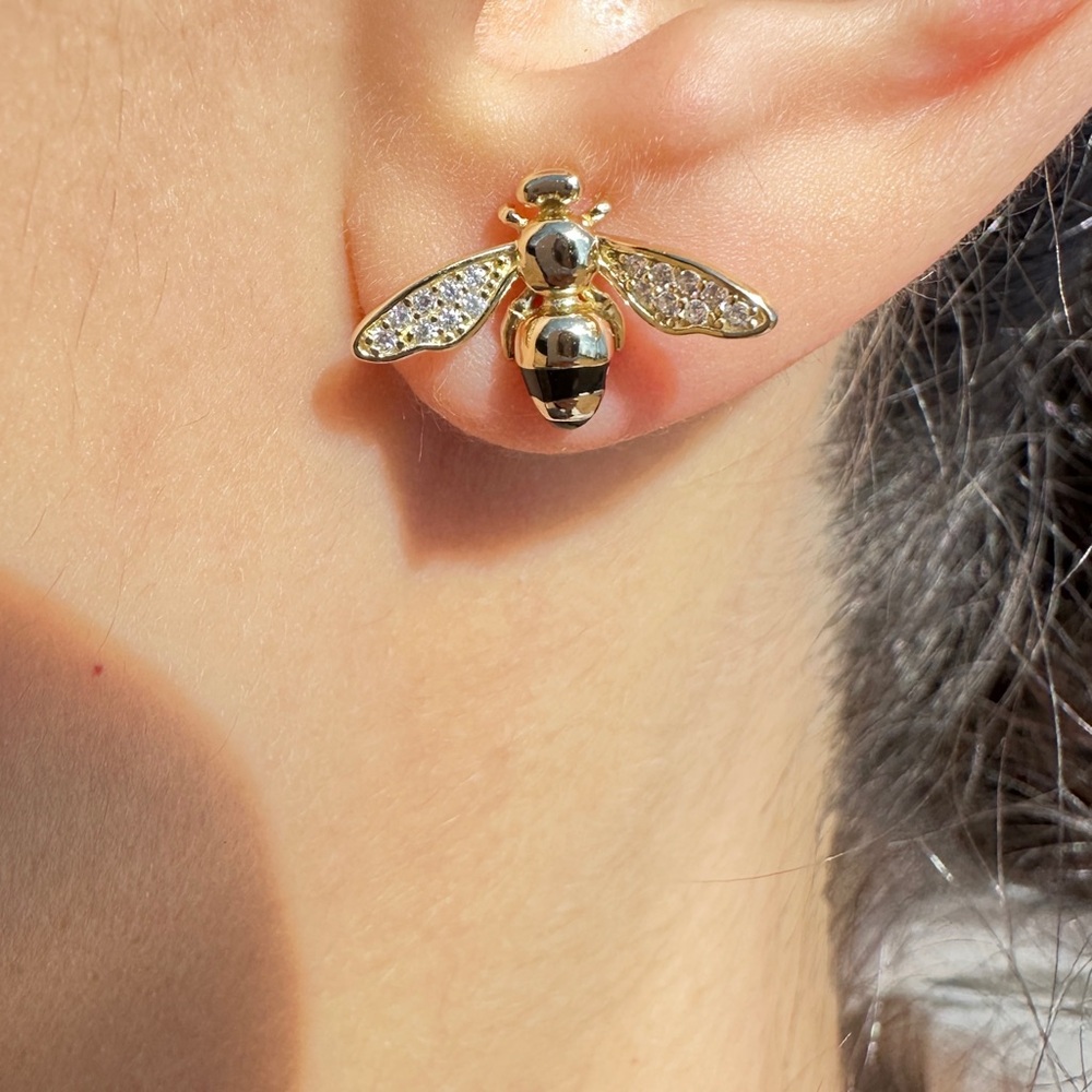 Delicate 925 Silver Plated with 14K Gold CZ Bee Earrings